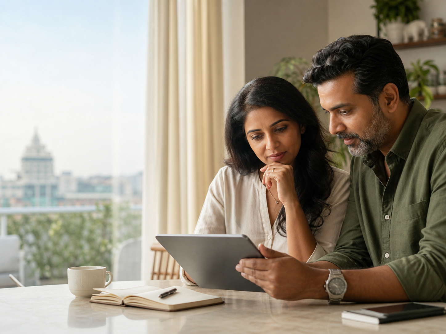 A couple calmly researching healthcare options together